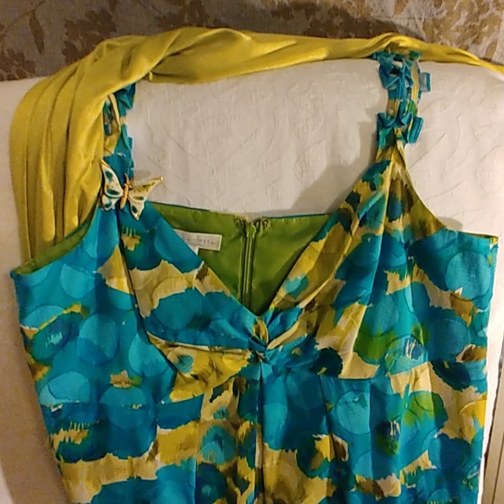 🌼Teal/lime mini strappy dress size 14